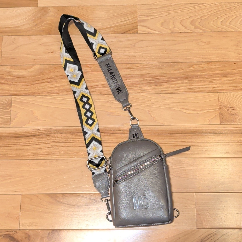 Gray Sling Bag with Yellow Patterned Strap - Lots Of Pockets